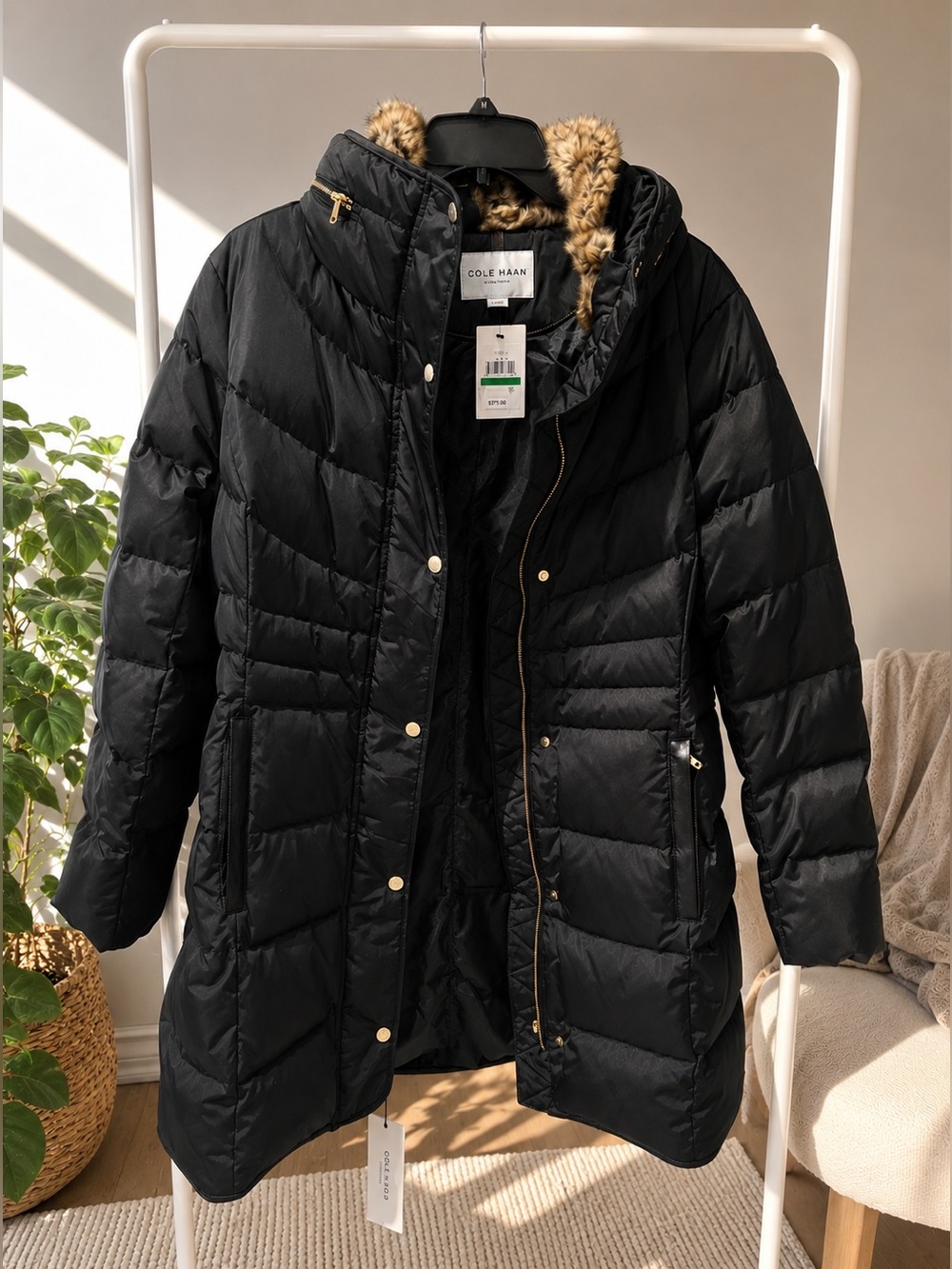 Cole Haan Signature Black Down Puffer Coat Faux Fur Hood NWT Large